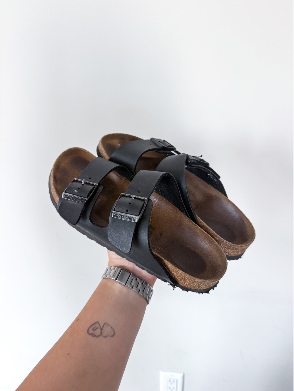 Birkenstock Arizona Birko-Flor Two Strap Black Cork Footbed Sandals Slide On